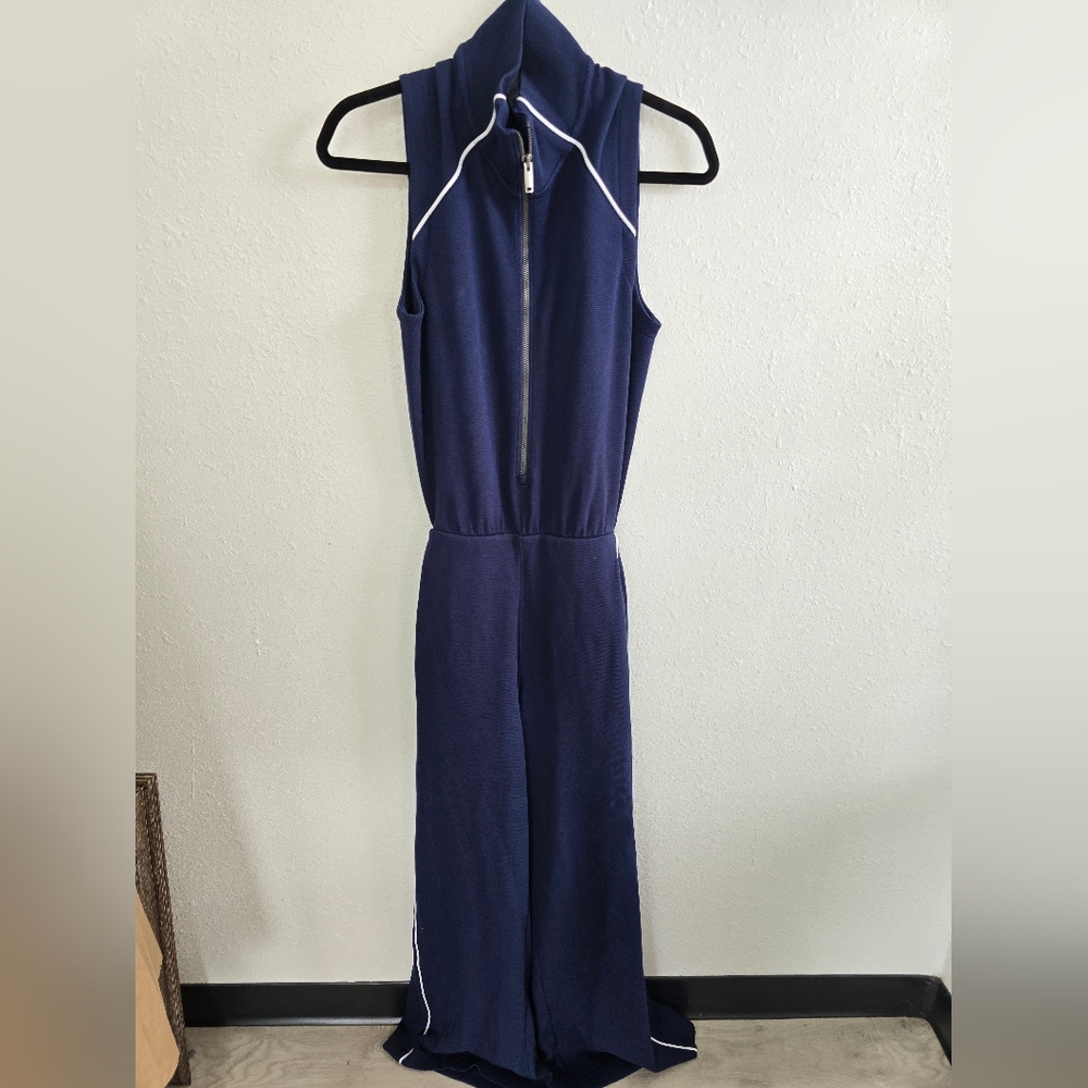 Spanx Airessentials Pique Sleeveless Mockneck Wide Leg Jumpsuit Sz Medium Navy - Picture 4 of 10